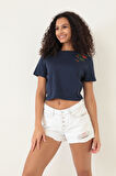 Amida Lacivert Omuzu Çınar Yaprağı Nakışlı Basic Crop T-shirt- 2411