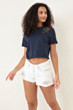 Amida Lacivert Omuzu Çınar Yaprağı Nakışlı Basic Crop T-shirt- 2411