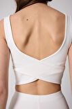 Kadın Beyaz Sırtı Çapraz V Detaylı Likralı Crop Büstiyer - 2514