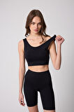 Kadın Siyah Sırtı Çapraz V Detaylı Likralı Crop Büstiyer - 2514