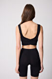 Kadın Siyah Sırtı Çapraz V Detaylı Likralı Crop Büstiyer - 2514