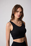 Kadın Siyah Sırtı Çapraz V Detaylı Likralı Crop Büstiyer - 2514