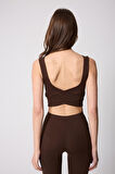 Kadın Kahve Rengi Sırtı Çapraz V Detaylı Likralı Crop Büstiyer - 2514