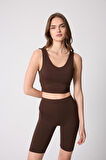 Kadın Kahve Rengi Sırtı Çapraz V Detaylı Likralı Crop Büstiyer - 2514