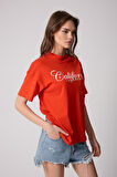 Kadın Kırmızı Oversize T-Shirt California Baskılı - 2517