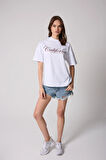 Kadın Beyaz Oversize T-Shirt Californiaa Baskılı - 2517