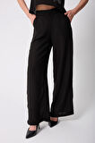 Kadın Siyah Müslin Keten Yüksek Bel Palazzo Pantolon - 2522
