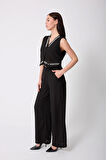 Kadın Siyah Müslin Keten Yüksek Bel Palazzo Pantolon - 2522