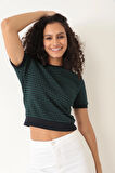 Amida Yeşil Jakar Örgü Kadın Crop T-shirt - 2402