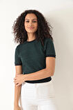 Amida Yeşil Jakar Örgü Kadın Crop T-shirt - 2402