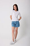 Kadın Beyaz Likralı Yarım Kollu Basic T-shirt - 2524