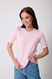 Kadın Pudra Pembe Likralı Yarım Kollu Basic T-shirt - 2524