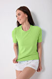 Kadın Neon Yeşil Likralı Yarım Kollu Basic T-shirt - 2524