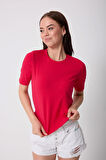 Kadın Bordo Likralı Yarım Kollu Basic T-shirt - 2524