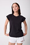 Kadın Siyah Likralı Duble Kol Basic T-shirt - 2525