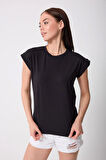 Kadın Siyah Likralı Duble Kol Basic T-shirt - 2525
