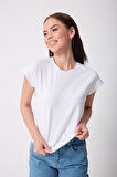 Kadın Beyaz Likralı Duble Kol Basic T-shirt - 2525
