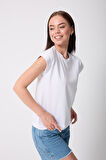 Kadın Beyaz Likralı Duble Kol Basic T-shirt - 2525