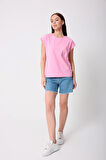 Kadın Pembe Likralı Duble Kol Basic T-shirt - 2525