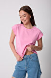 Kadın Pembe Likralı Duble Kol Basic T-shirt - 2525