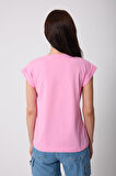 Kadın Pembe Likralı Duble Kol Basic T-shirt - 2525