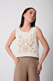 Kadın Ekruu Müslin Keten Önü Nakışlı Tasarım Crop Bluz - 2521