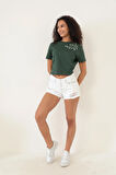 Amida Yeşil Omuzu Papatya Nakışlı Basic Crop T-shirt- 2413