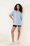 Amida Mavi Kolları Etnik Nakışlı Oversize Kısa Kollu Kadın T-shirt- 2406