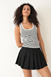 Amida Siyah Çizgili Fitilli Görünümlü Basic Kalın Askılı Kadın Crop Atlet- 2403
