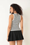 Amida Siyah Çizgili Fitilli Görünümlü Basic Kalın Askılı Kadın Crop Atlet- 2403