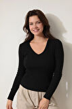 Siyah V Yaka Uzun Kollu Fitilli Kadın Bluz- 2427