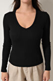Siyah V Yaka Uzun Kollu Fitilli Kadın Bluz- 2427
