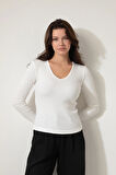 Beyaz V Yaka Uzun Kollu Fitilli Kadın Bluz- 2427