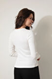 Beyaz V Yaka Uzun Kollu Fitilli Kadın Bluz- 2427