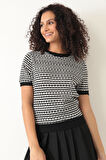 Amida Siyah Jakar Örgü Kadın Crop T-shirt - 2402