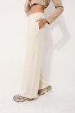 Ekru Yüksek Bel Selanik Kumaş Yumuşak Kadın Bol Paça Pantolon - 2439