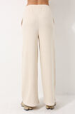 Ekru Yüksek Bel Selanik Kumaş Yumuşak Kadın Bol Paça Pantolon - 2439