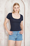 Amida Lacivert Derin Yuvarklak Yaka Kısa Kollu Kadın T-shirt- 2405