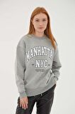 Bisiklet Yaka Baskılı Sweat Gri Melanj