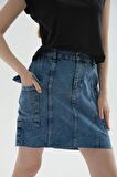 Kargo Cep Denim Etek Mavi