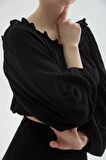 Yakası Fırfırlı Crop Bluz Siyah
