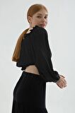 Yakası Fırfırlı Crop Bluz Siyah