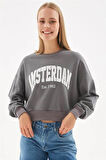 Baskılı Crop Sweat Antrasit