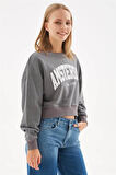 Baskılı Crop Sweat Antrasit