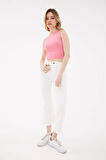 Yüksel Bel İspanyol Paça Esnek Crop Flare Denim Pantolon Beyaz