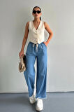 Paçası Püsküllü Straight Fit Denim Pantolon Mavi