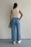 Paçası Püsküllü Straight Fit Denim Pantolon Mavi