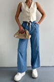 Paçası Püsküllü Straight Fit Denim Pantolon Mavi