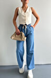 Paçası Püsküllü Straight Fit Denim Pantolon Mavi