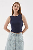 Kolsuz Crop Bluz Lacivert